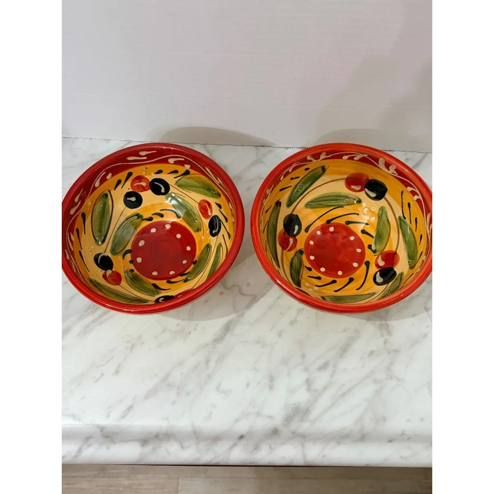 Pier 1 Imports Hand Painted Ceramic Olive Bowls Spain Set of 2 Yellow Red 5.5in